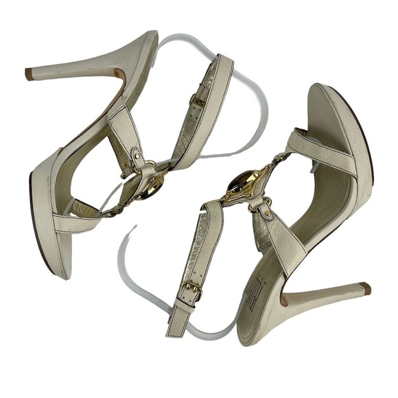 VINTAGE PELLE MODA 90S LEATHER PLATFORM TIGER EYE IVORY STRAPPY SANDAL HEELS - Picture 6 of 13